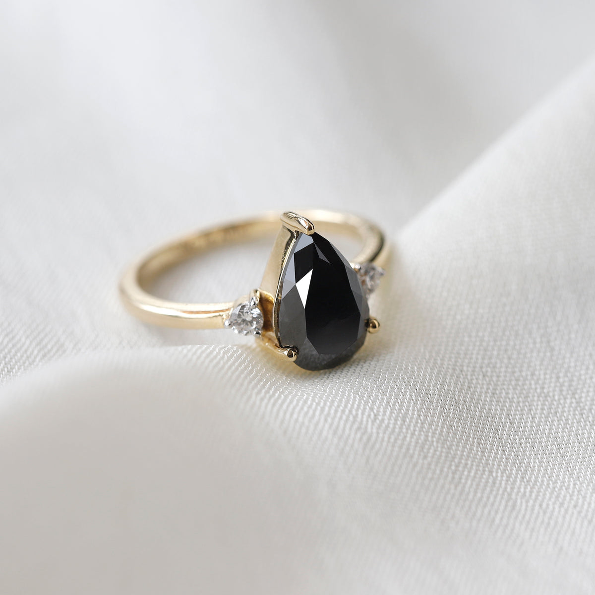 2.00 CT Pear Black Diamond & White Diamond Three-Stone Ring in 14K Yellow Gold