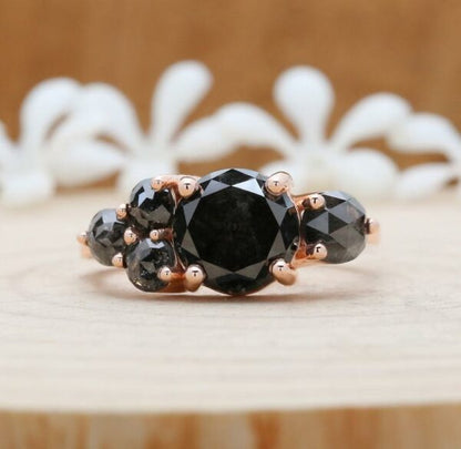 14K Rose Gold 2.60 Carats Black diamond Cluster Ring