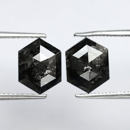 4.24 Carat Matching Hexagon Diamonds, Ethical Salt and Pepper Loose Diamond Pair for Rings & Earrings