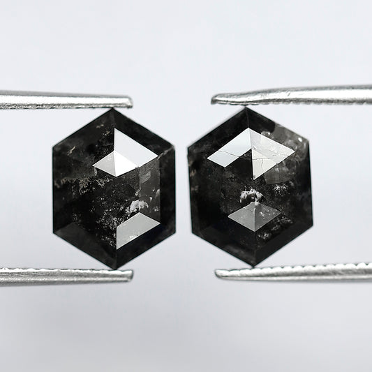 4.24 Carat Matching Hexagon Diamonds, Ethical Salt and Pepper Loose Diamond Pair for Rings & Earrings