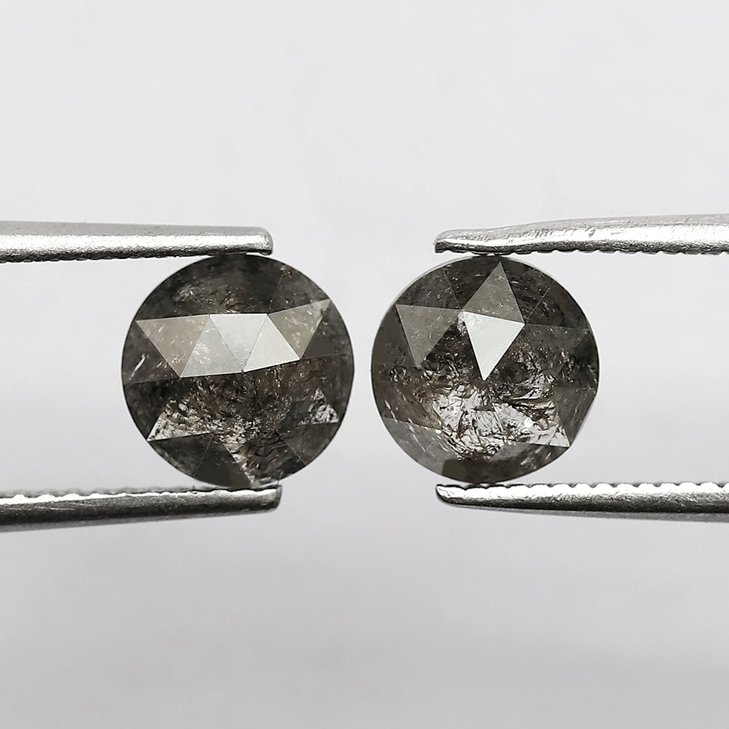 2.28 CT Round Rose Cut Salt and Pepper Diamond Pair, 7.00 x 7.00 mm Natural Gray Black Diamonds for Earrings
