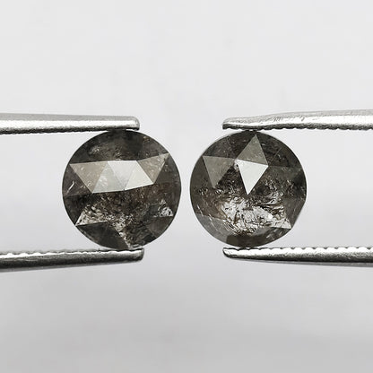 2.28 CT Round Rose Cut Salt and Pepper Diamond Pair, 7.00 x 7.00 mm Natural Gray Black Diamonds for Earrings