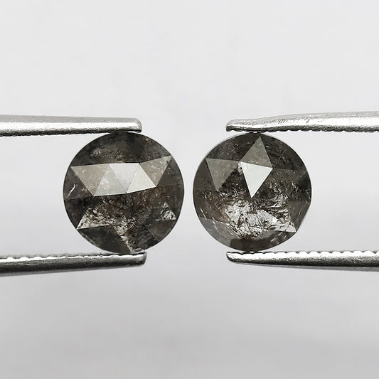 2.28 CT Round Rose Cut Salt and Pepper Diamond Pair, 7.00 x 7.00 mm Natural Gray Black Diamonds for Earrings