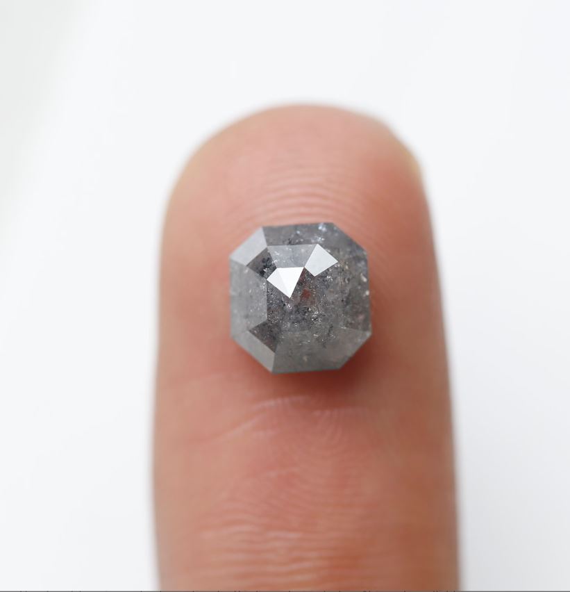 Natural 1.77 Carat Asscher Cut Salt and Pepper Diamond, 7.40 mm Gray Black Ethical Loose Diamond for Ring Jewelry