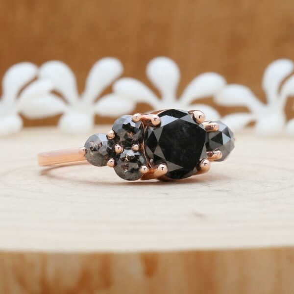 14K Rose Gold 2.60 Carats Black diamond Cluster Ring