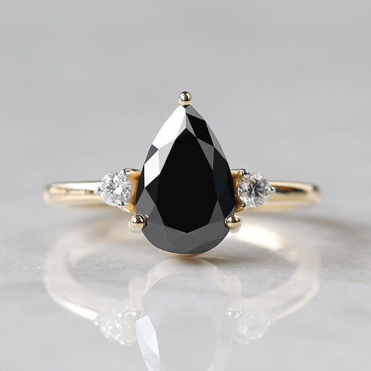 2.00 CT Pear Black Diamond & White Diamond Three-Stone Ring in 14K Yellow Gold