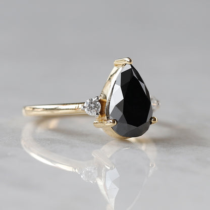 2.00 CT Pear Black Diamond & White Diamond Three-Stone Ring in 14K Yellow Gold