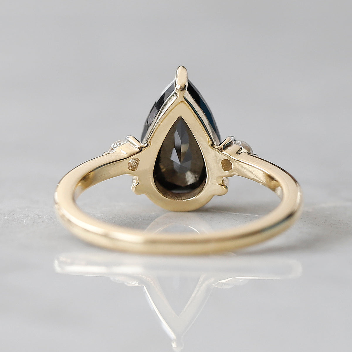 2.00 CT Pear Black Diamond & White Diamond Three-Stone Ring in 14K Yellow Gold