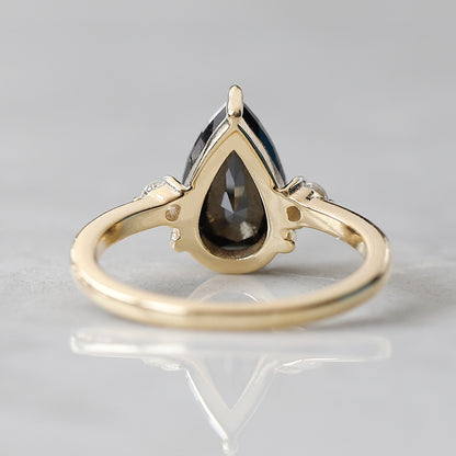 2.00 CT Pear Black Diamond & White Diamond Three-Stone Ring in 14K Yellow Gold