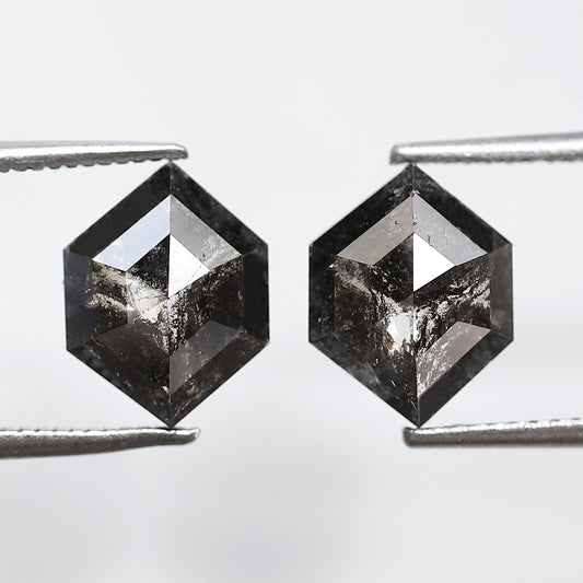 3.96 CT 10 MM Pair Of Elongated Hexagon Shape Salt and Pepper Diamonds Loose Natural Grey Black Color Diamonds