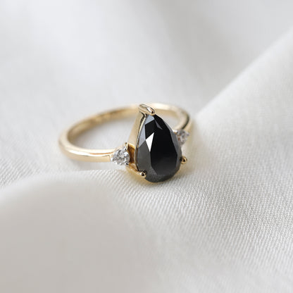 2.00 CT Pear Black Diamond & White Diamond Three-Stone Ring in 14K Yellow Gold