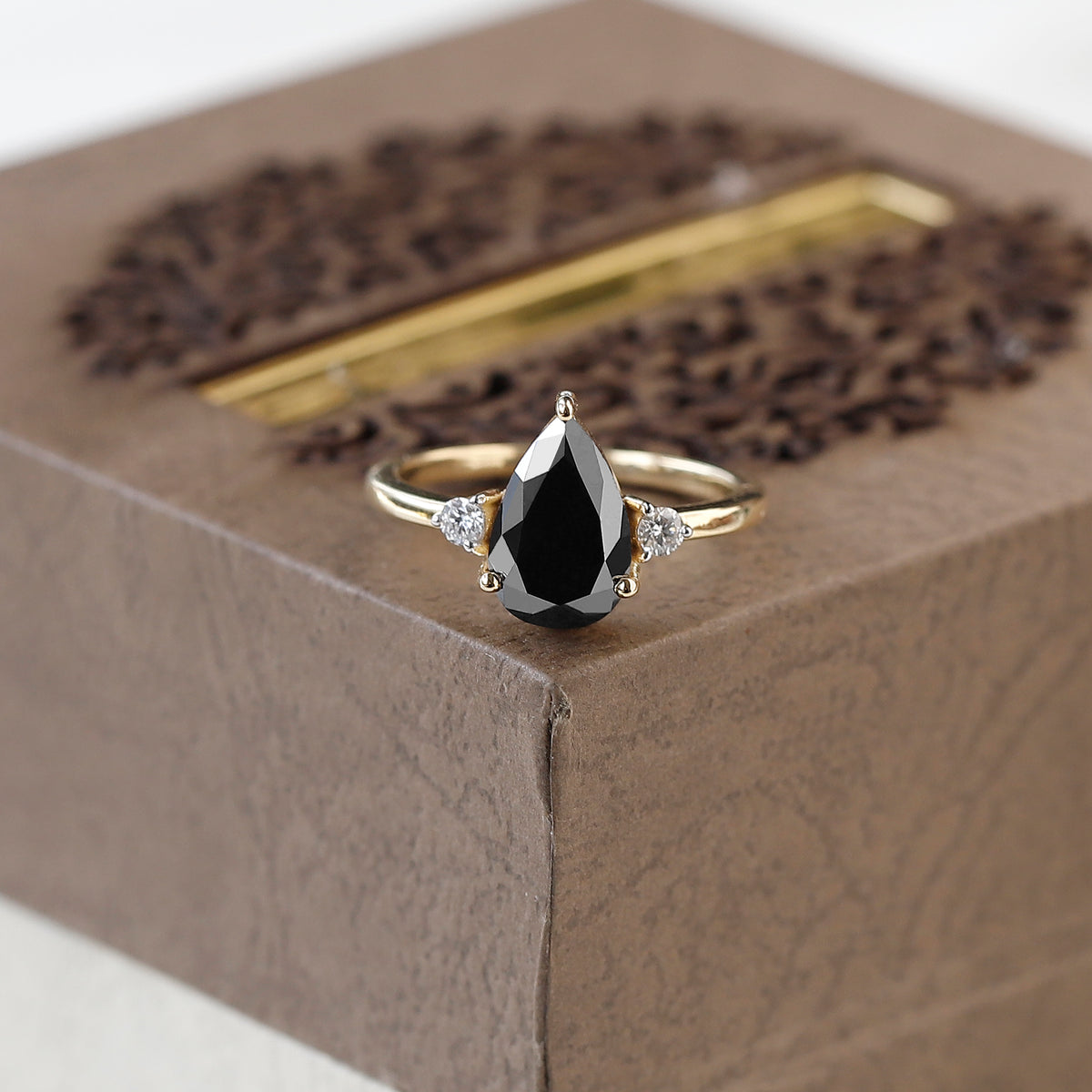 2.00 CT Pear Black Diamond & White Diamond Three-Stone Ring in 14K Yellow Gold