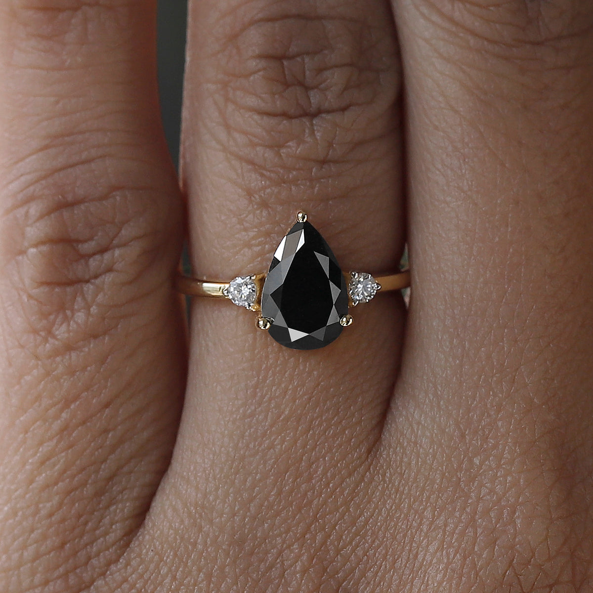 2.00 CT Pear Black Diamond & White Diamond Three-Stone Ring in 14K Yellow Gold