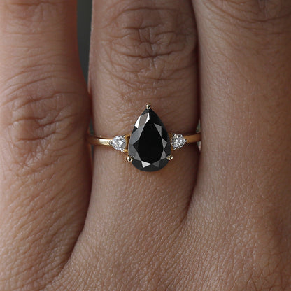 2.00 CT Pear Black Diamond & White Diamond Three-Stone Ring in 14K Yellow Gold
