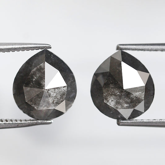 3.93 Ct 9 MM Pair of Pear Shape Salt and Pepper Loose Natural Grey Black Color Diamond For Earring