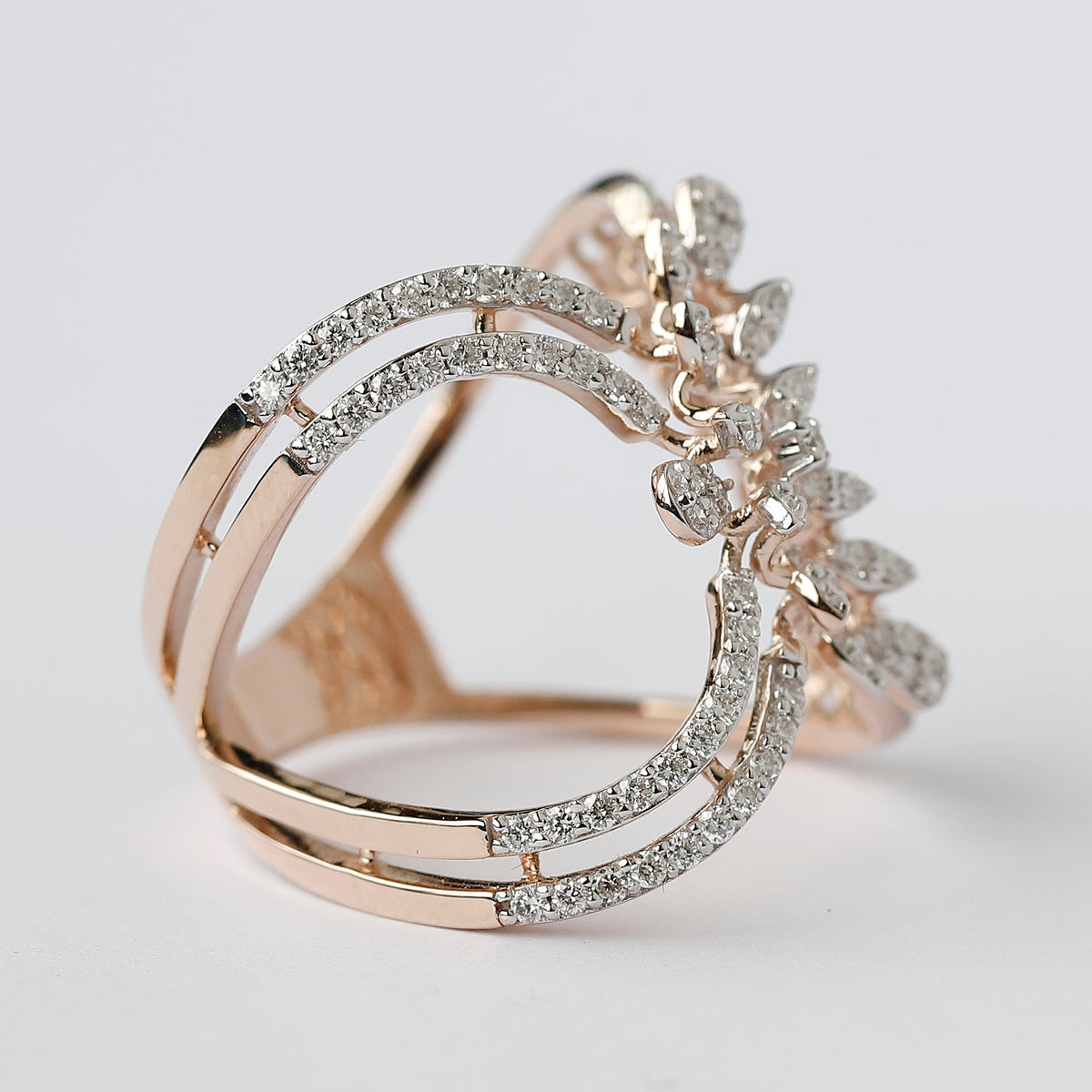 14K Gold Floral Lab Grown Diamond Ring, Botanical Leaf Statement Ring