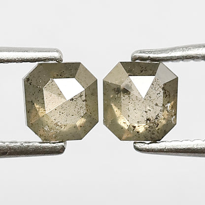 0.86 CT Pair Of Square Emerald Salt and Pepper Diamonds, 4.6 MM Loose Natural Greenish Brown Diamonds For Earrings