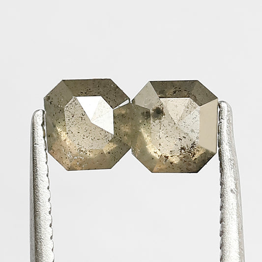 0.86 CT Pair Of Square Emerald Salt and Pepper Diamonds, 4.6 MM Loose Natural Greenish Brown Diamonds For Earrings