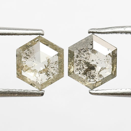 7 x 7 MM Pair Perfect Hexagon Shaped 1.81 CT Fancy Light Yellowish Grey Shining Step Cut Natural Conflict Free Salt and Pepper Diamond