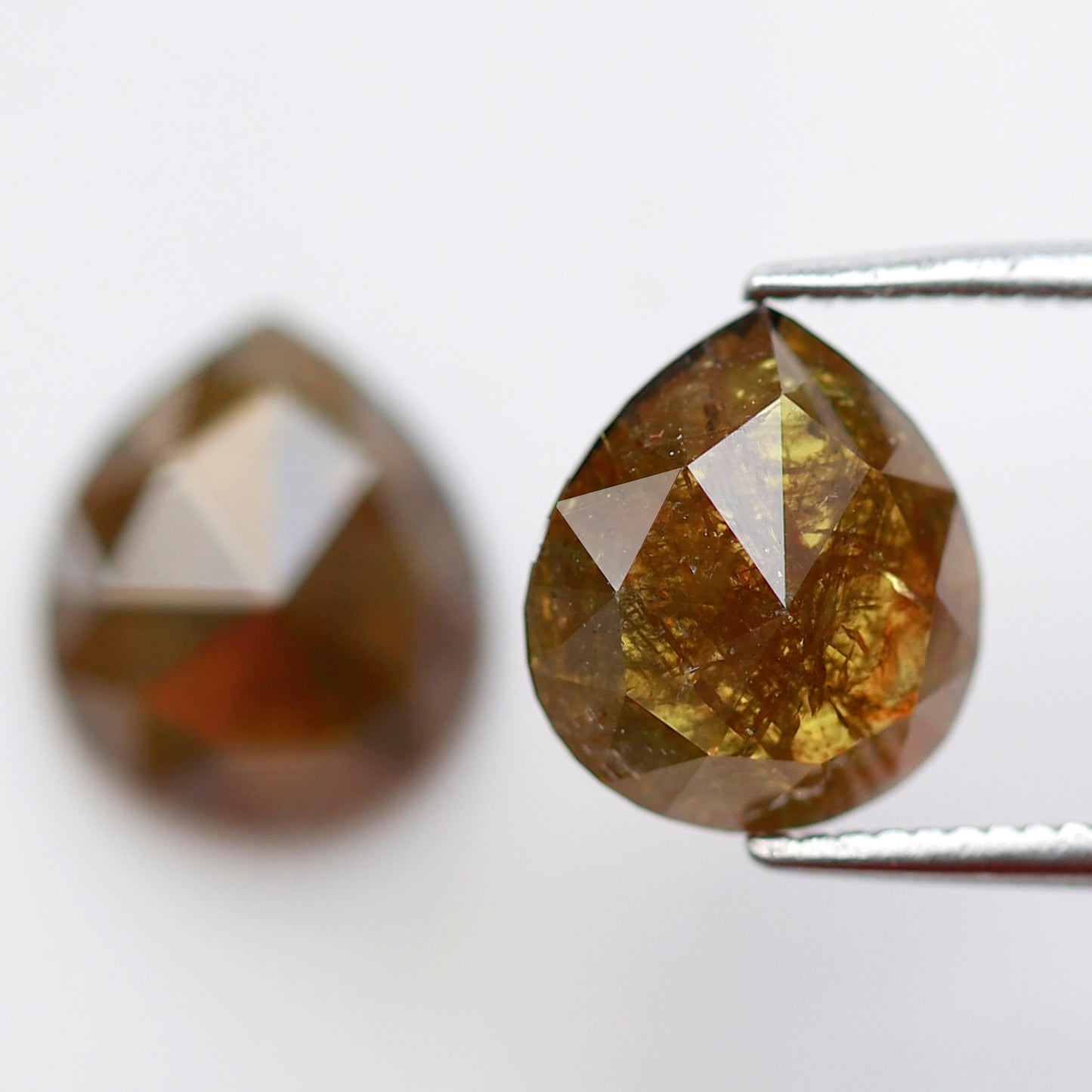 Pear Shape Greenish Yellow Diamond Pair 3.48 CT, 9.30 mm Loose Rustic Natural Diamonds for Custom Jewelry