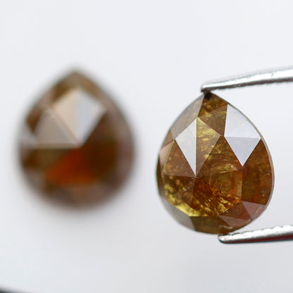 Pear Shape Greenish Yellow Diamond Pair 3.48 CT, 9.30 mm Loose Rustic Natural Diamonds for Custom Jewelry