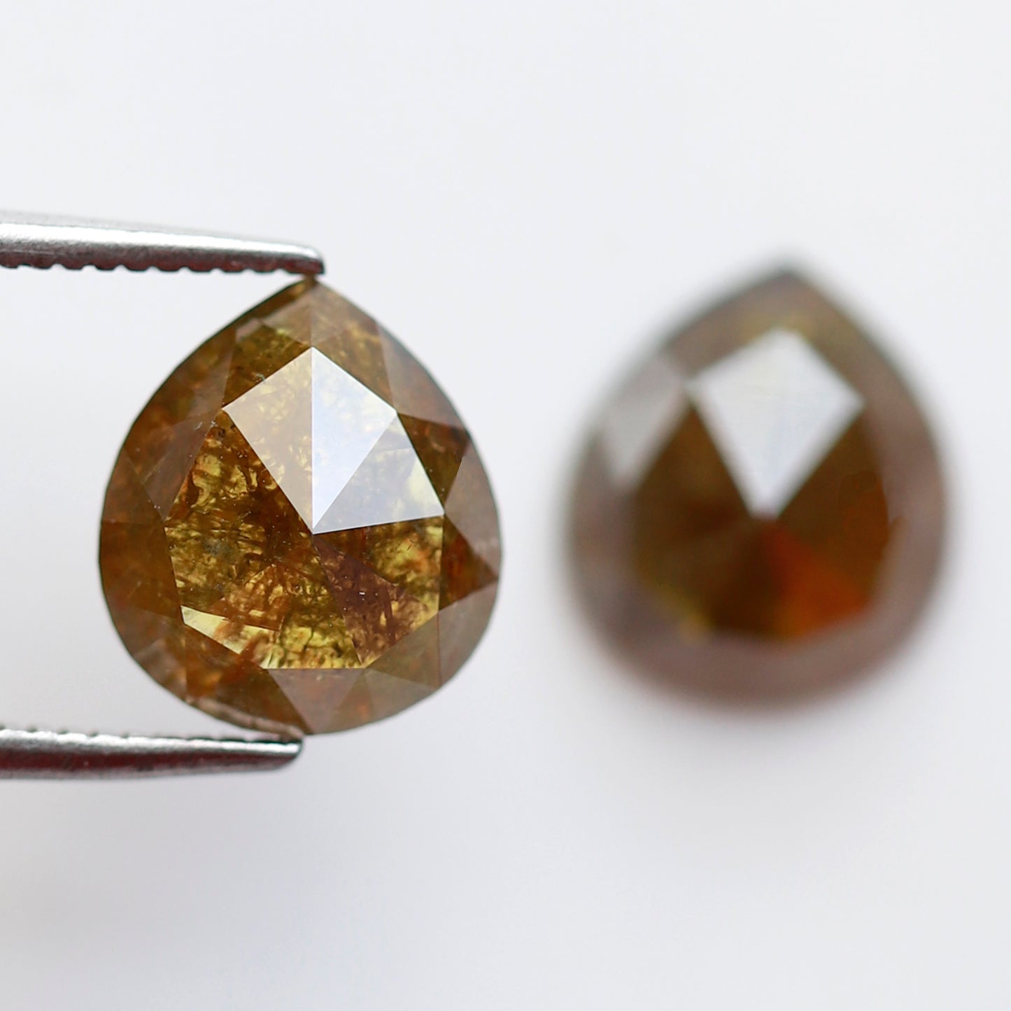 Pear Shape Greenish Yellow Diamond Pair 3.48 CT, 9.30 mm Loose Rustic Natural Diamonds for Custom Jewelry