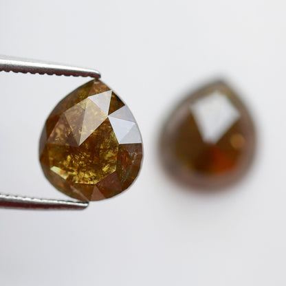 Pear Shape Greenish Yellow Diamond Pair 3.48 CT, 9.30 mm Loose Rustic Natural Diamonds for Custom Jewelry