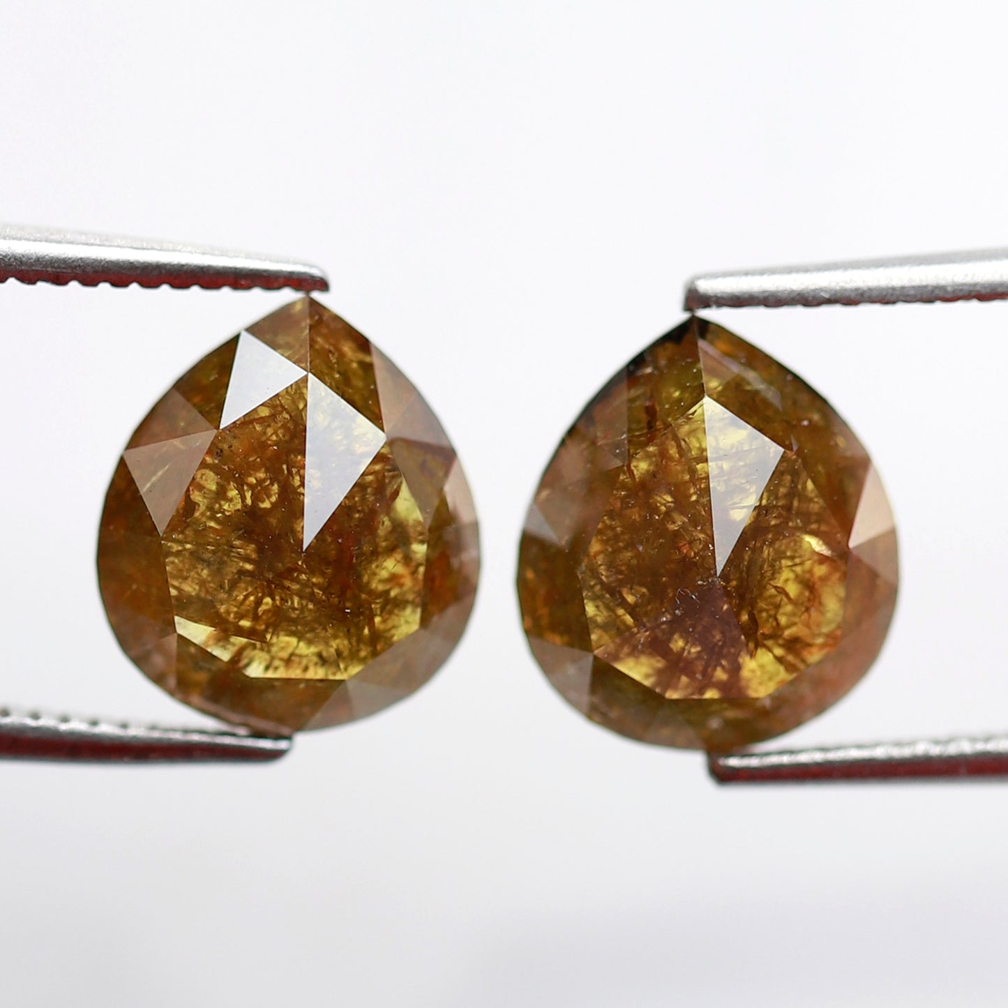 Pear Shape Greenish Yellow Diamond Pair 3.48 CT, 9.30 mm Loose Rustic Natural Diamonds for Custom Jewelry