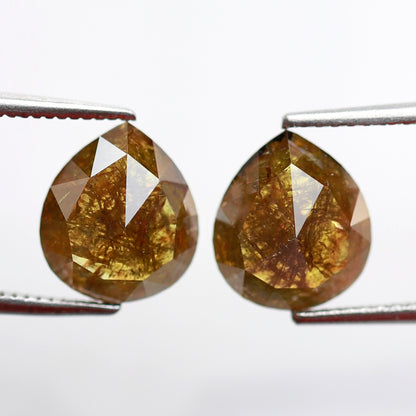 Pear Shape Greenish Yellow Diamond Pair 3.48 CT, 9.30 mm Loose Rustic Natural Diamonds for Custom Jewelry