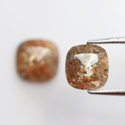 2.05 CT Cushion cut Rustic Diamond Pair, 6.70 x 6.50 mm Orangish Red Loose Earth Mined Diamonds For Making Stud Earrings and Jewelry