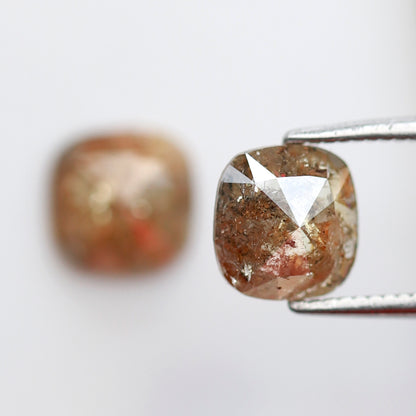 2.05 CT Cushion cut Rustic Diamond Pair, 6.70 x 6.50 mm Orangish Red Loose Earth Mined Diamonds For Making Stud Earrings and Jewelry