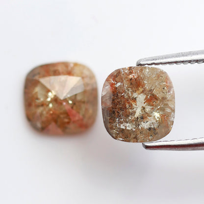 2.05 CT Cushion cut Rustic Diamond Pair, 6.70 x 6.50 mm Orangish Red Loose Earth Mined Diamonds For Making Stud Earrings and Jewelry