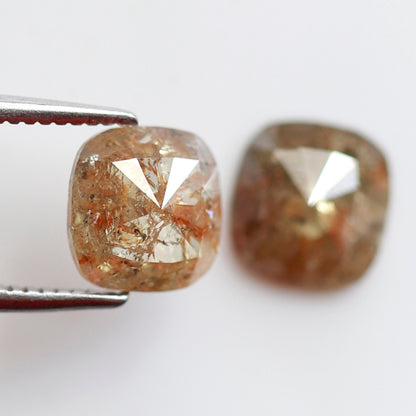 2.05 CT Cushion cut Rustic Diamond Pair, 6.70 x 6.50 mm Orangish Red Loose Earth Mined Diamonds For Making Stud Earrings and Jewelry