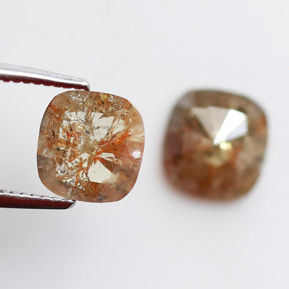 2.05 CT Cushion cut Rustic Diamond Pair, 6.70 x 6.50 mm Orangish Red Loose Earth Mined Diamonds For Making Stud Earrings and Jewelry
