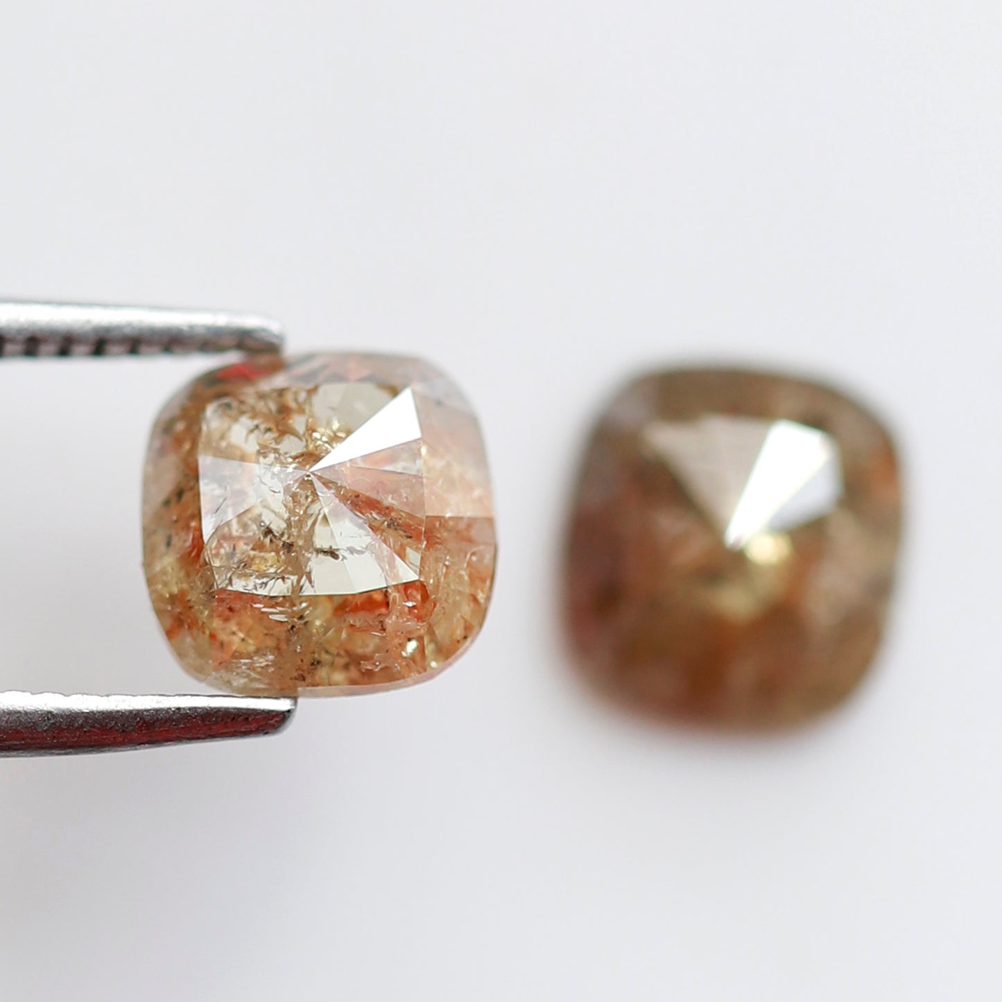 2.05 CT Cushion cut Rustic Diamond Pair, 6.70 x 6.50 mm Orangish Red Loose Earth Mined Diamonds For Making Stud Earrings and Jewelry
