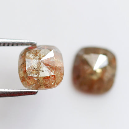2.05 CT Cushion cut Rustic Diamond Pair, 6.70 x 6.50 mm Orangish Red Loose Earth Mined Diamonds For Making Stud Earrings and Jewelry