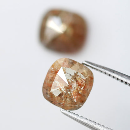 2.05 CT Cushion cut Rustic Diamond Pair, 6.70 x 6.50 mm Orangish Red Loose Earth Mined Diamonds For Making Stud Earrings and Jewelry