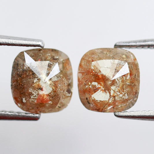 2.05 CT Cushion cut Rustic Diamond Pair, 6.70 x 6.50 mm Orangish Red Loose Earth Mined Diamonds For Making Stud Earrings and Jewelry