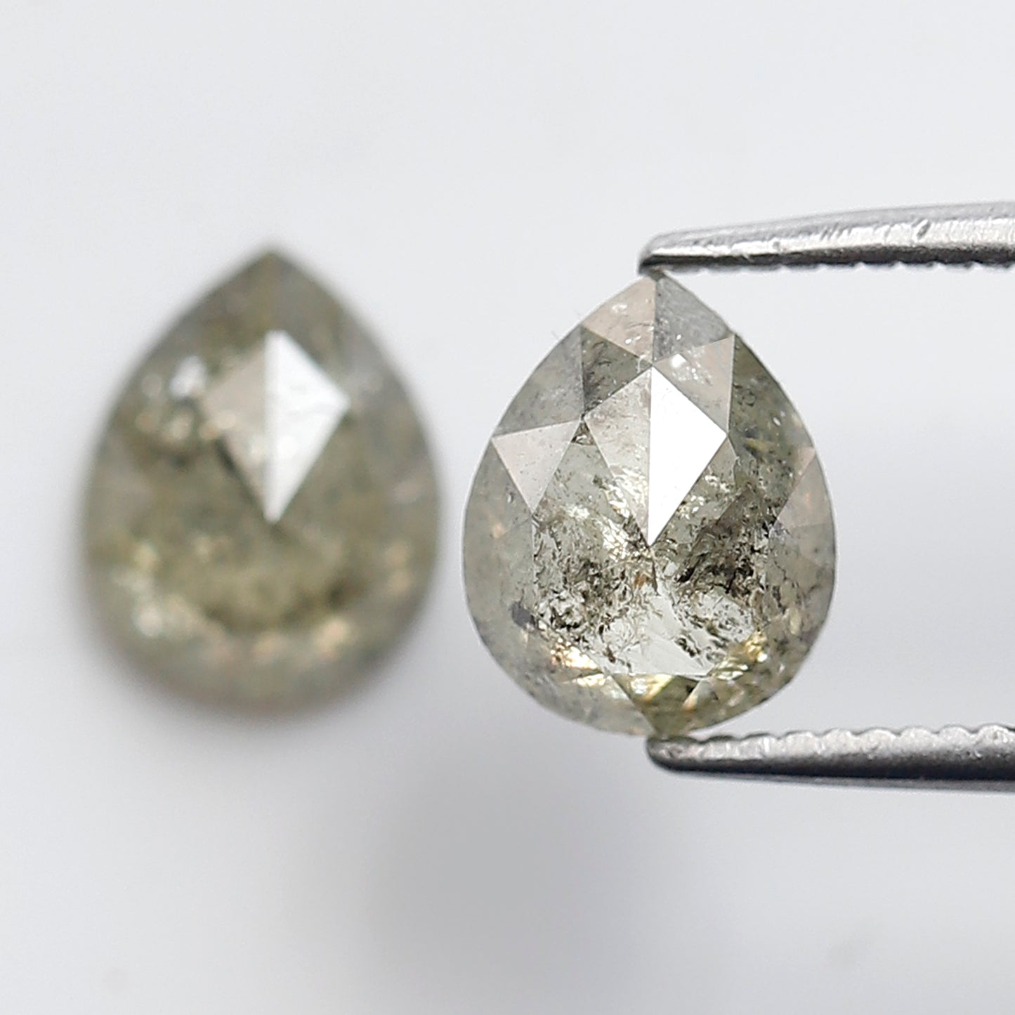2.04 CT Light Greenish Gray Pear Diamond Pair, Natural Loose Rustic Diamonds, Conflict Free Earth Mined Stones for Earrings