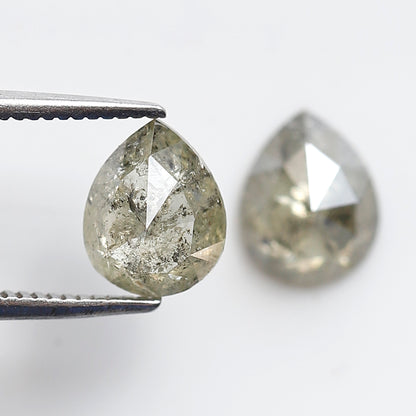 2.04 CT Light Greenish Gray Pear Diamond Pair, Natural Loose Rustic Diamonds, Conflict Free Earth Mined Stones for Earrings