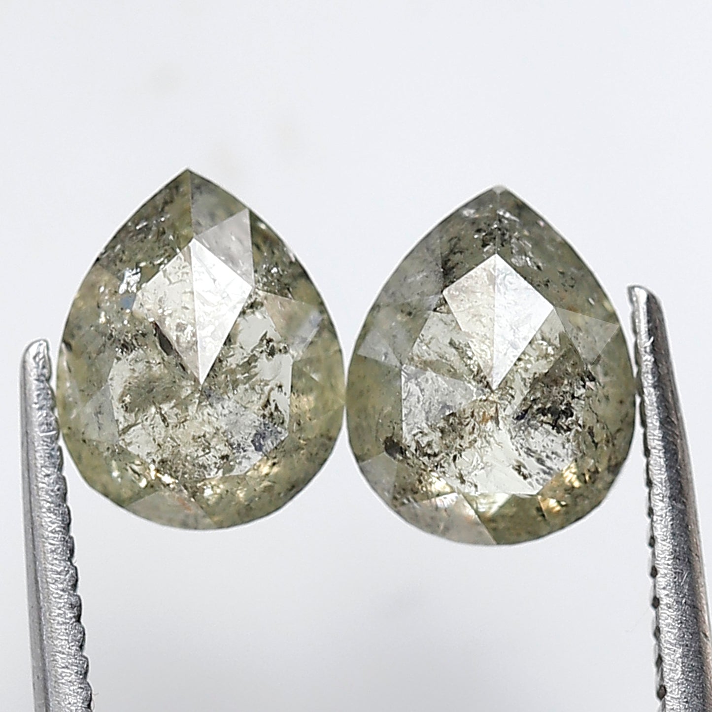2.04 CT Light Greenish Gray Pear Diamond Pair, Natural Loose Rustic Diamonds, Conflict Free Earth Mined Stones for Earrings
