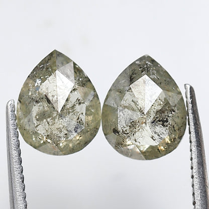 2.04 CT Light Greenish Gray Pear Diamond Pair, Natural Loose Rustic Diamonds, Conflict Free Earth Mined Stones for Earrings