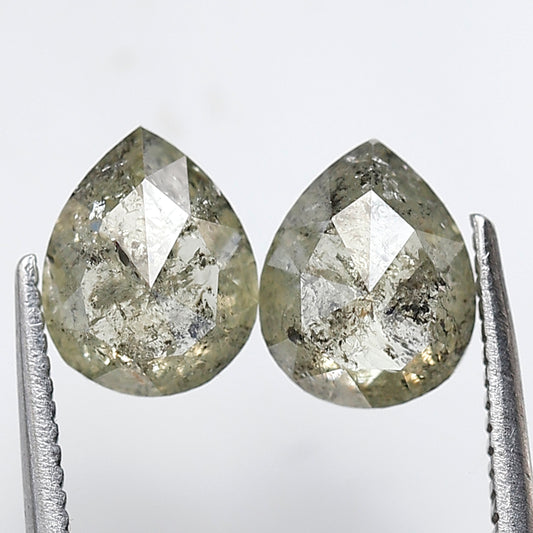 2.04 CT Light Greenish Gray Pear Diamond Pair, Natural Loose Rustic Diamonds, Conflict Free Earth Mined Stones for Earrings