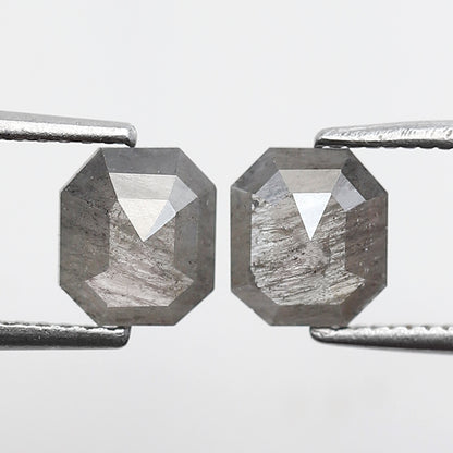 1.51 CT Translucent Emerald Shape Loose Diamond Pair, 6.30 mm Natural Grayish Salt and Pepper Diamonds