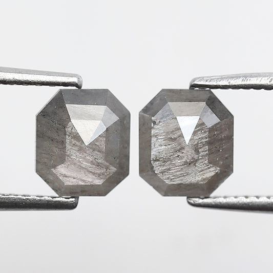 1.51 CT Translucent Emerald Shape Loose Diamond Pair, 6.30 mm Natural Grayish Salt and Pepper Diamonds