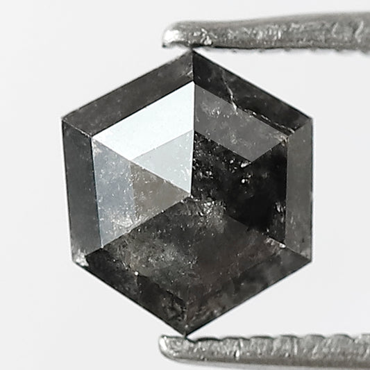 6.7 MM Earth Mined Natural Grey Black Color Diamond 0.92 CT Hexagon Shape Salt and Pepper Diamond Prong Setting Wedding Ring