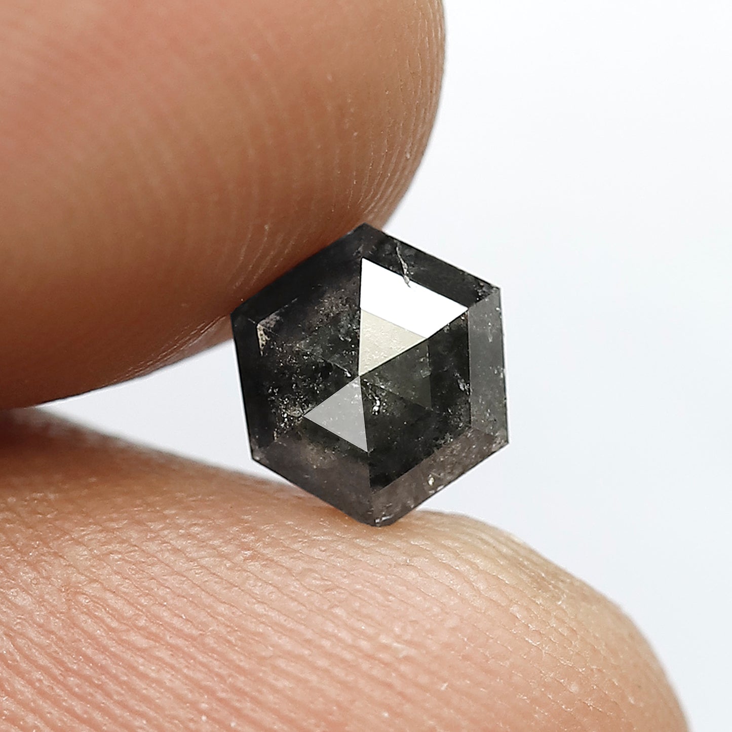 6.7 MM Earth Mined Natural Grey Black Color Diamond 0.92 CT Hexagon Shape Salt and Pepper Diamond Prong Setting Wedding Ring