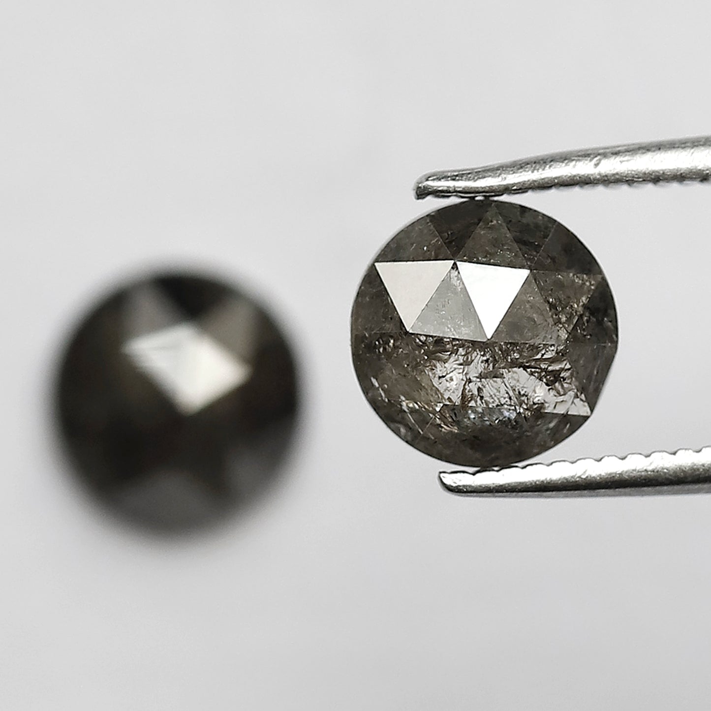 2.28 CT Round Rose Cut Salt and Pepper Diamond Pair, 7.00 x 7.00 mm Natural Gray Black Diamonds for Earrings