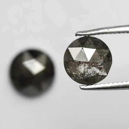 2.28 CT Round Rose Cut Salt and Pepper Diamond Pair, 7.00 x 7.00 mm Natural Gray Black Diamonds for Earrings