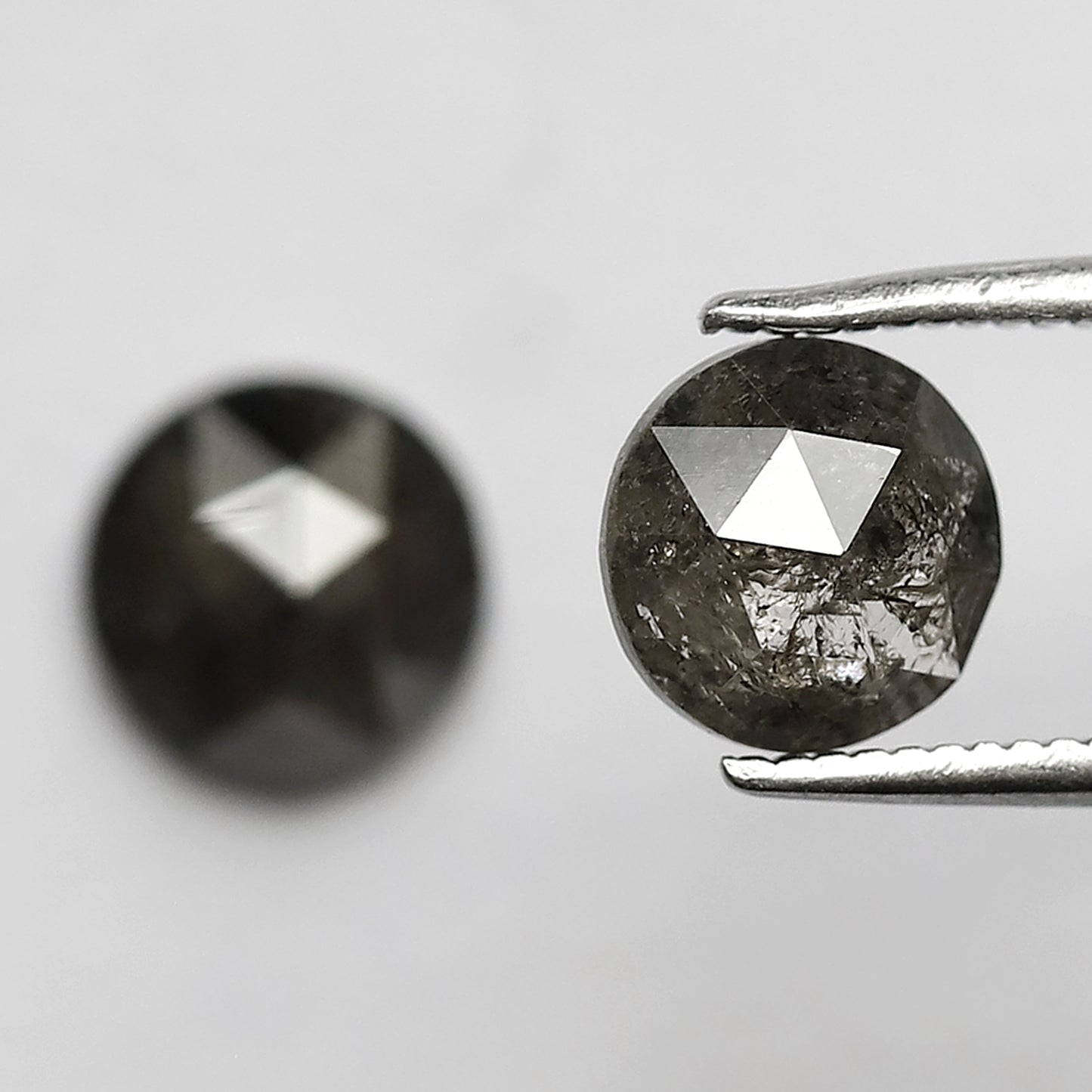 2.28 CT Round Rose Cut Salt and Pepper Diamond Pair, 7.00 x 7.00 mm Natural Gray Black Diamonds for Earrings